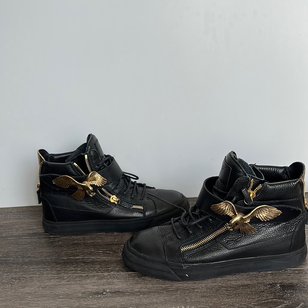 Black New Men Leather Double Zip & Gold Eagle High-top